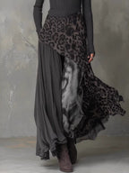 Black Long-sleeved Printed Irregular Design Round Neck Long Dress