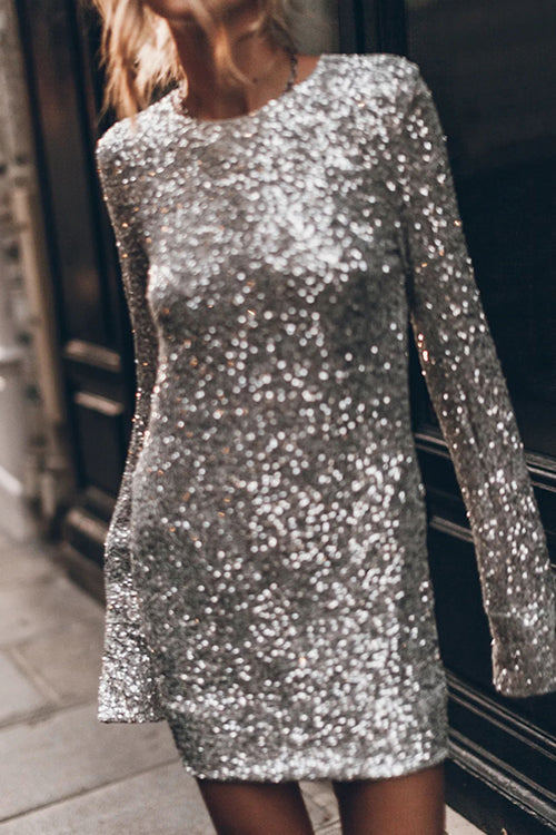 Sequin Crew Neck Long Sleeve Straight Mini Dress