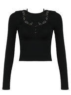 Lace Trim Square Neck Long-sleeved Top Button-down Halter Neck Tank Top
