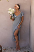 Satin Sweetheart Flutter Sleeve Ruched Bust High Slit Midi Dress