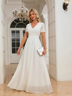 Lace Trim Splicing Chiffon Waist V-neck Maxi Dresses