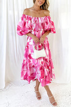 Off Shoulder Puff Sleeves Ruffle Tiered Printed Midi Dress