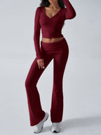 V-neck Pleats Long-sleeved Top And Trousers Sports And Leisure 2-piece Sets