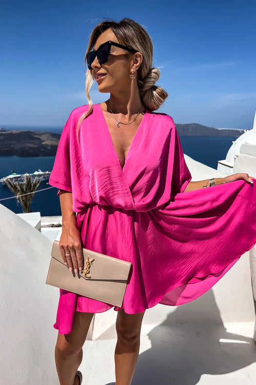 Satin Wrap Front Twist Waist Flutter Sleeve Ruffle Hem Mini Dress