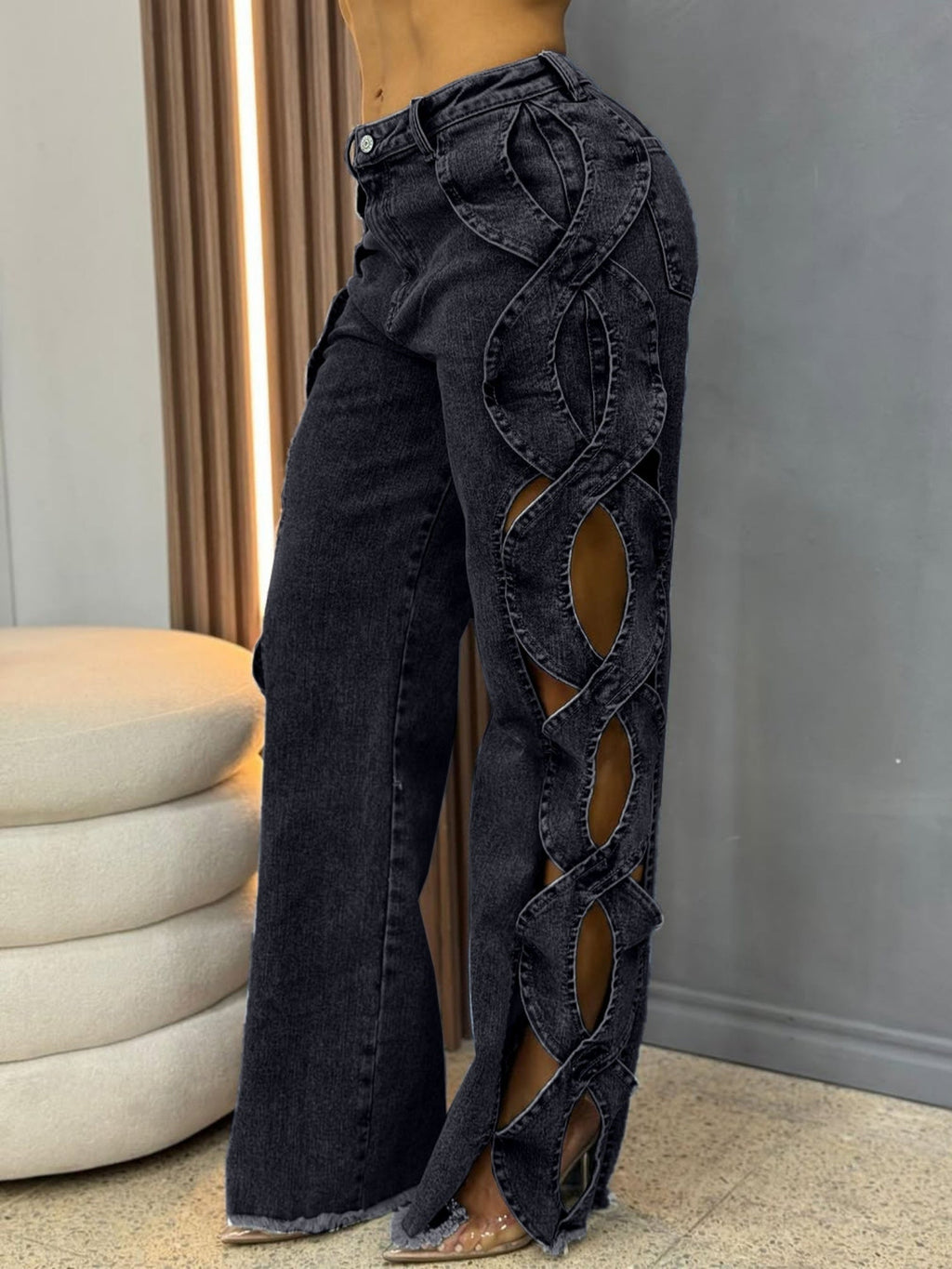 Y2K Hollowed-out Side Splicing Design Jeans