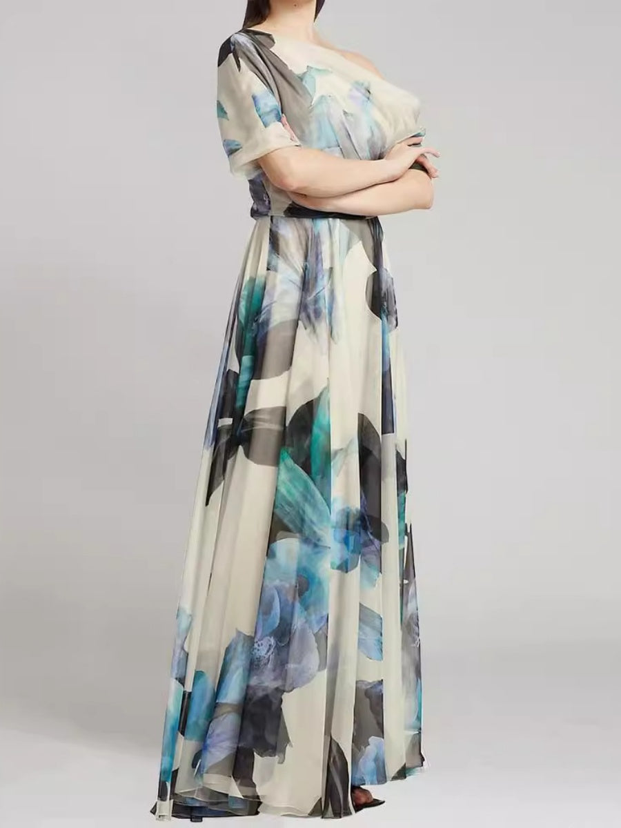 Pleated Printed Off Shoulder Vacation Maxi Dresses