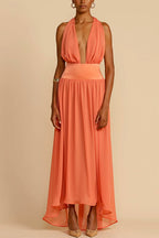 Deep V Neck Halter Backless Flowy Maxi Party Dress