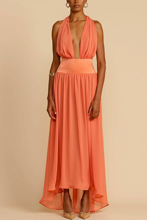 Deep V Neck Halter Backless Flowy Maxi Party Dress