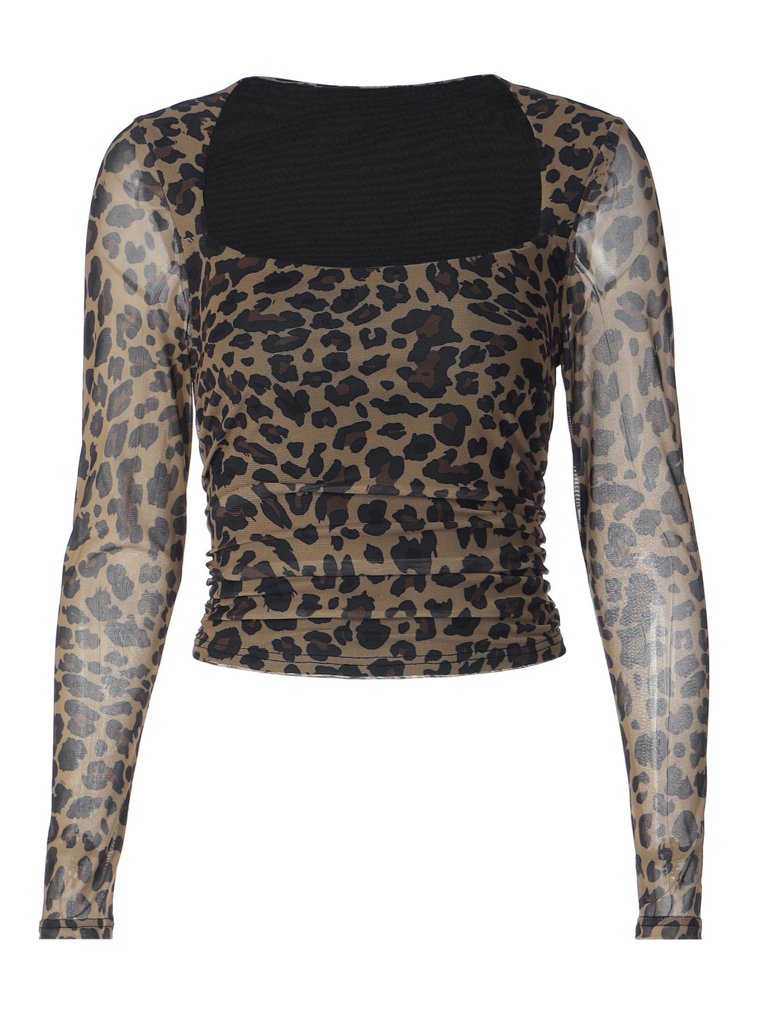 Leopard Print Mesh U-neck Long-sleeved T-shirt