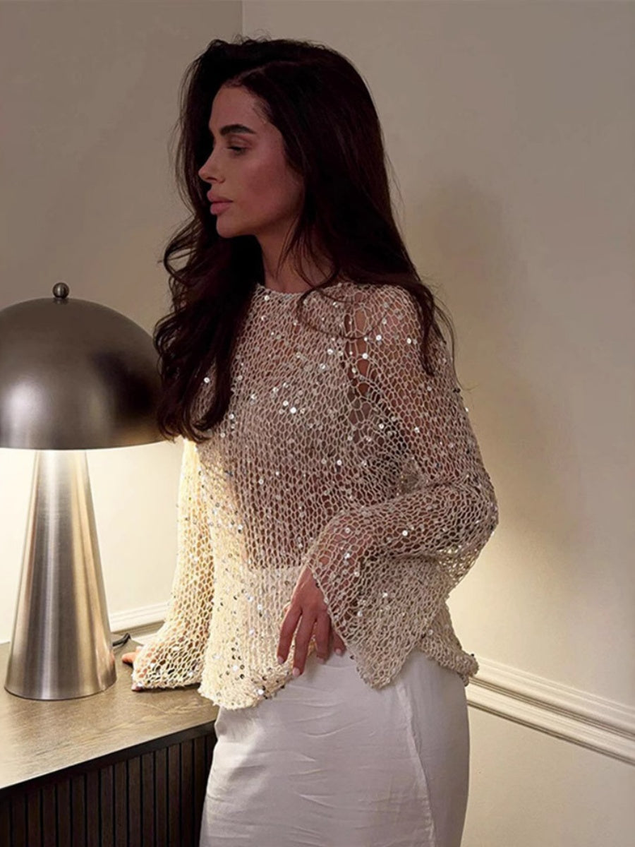 Sequined Cutout Long-sleeved Pullover See-through Top