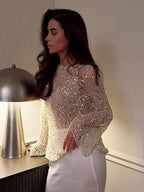 Sequined Cutout Long-sleeved Pullover See-through Top