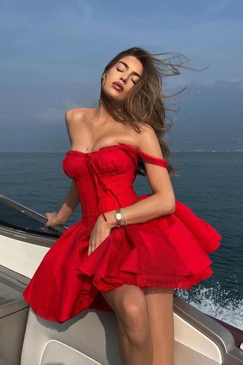Off Shoulder Sweetheart Lace Up Bustier Lace Trim Mini Dress