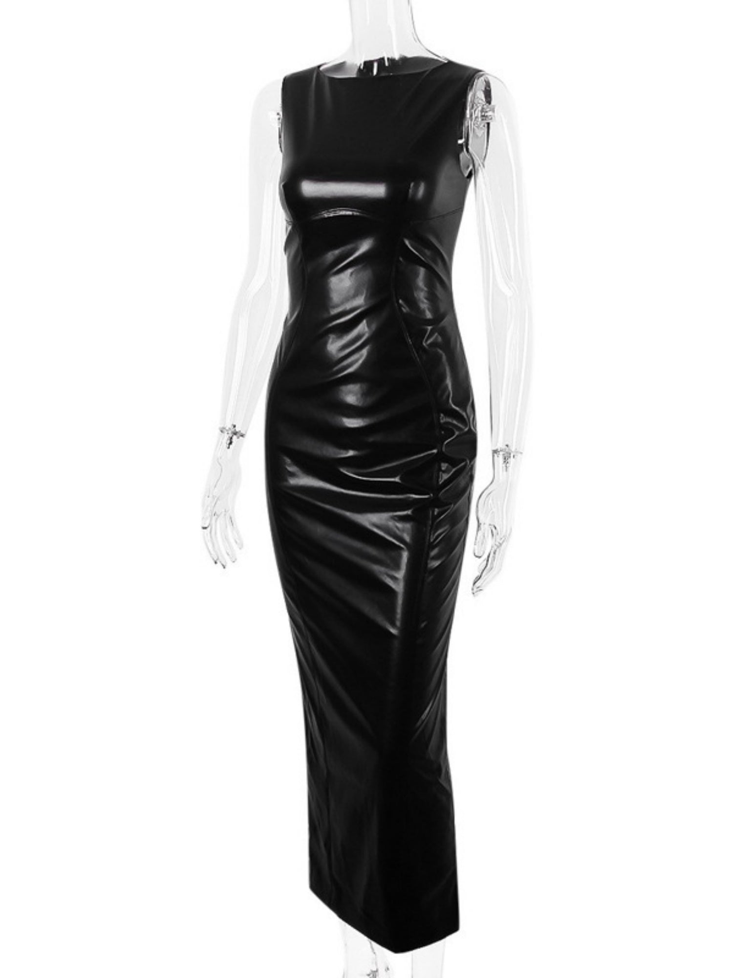 PU Leather Slit Sleeveless Maxi Dresses