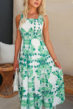Square Collar Sleeveless Waisted Ruffle Printed Midi Dress