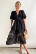 Puff Sleeve Sheer Grid Check Empire Waist Button Front Midi Dress