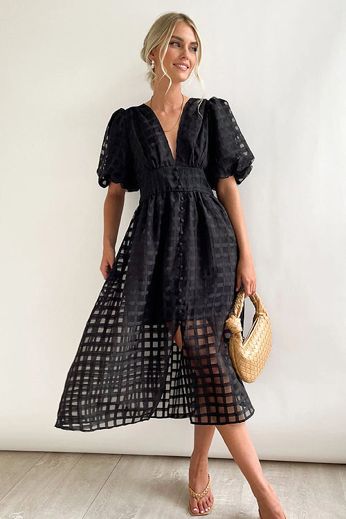 Puff Sleeve Sheer Grid Check Empire Waist Button Front Midi Dress