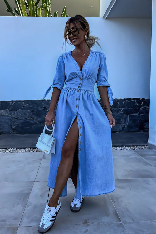 Denim Deep V-Neck Puff Sleeve Button Front Split Midi Dress