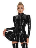 PU Glossy Leather Zipper Long Sleeves Mini&Short Dresses
