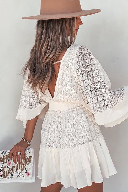 Lace Bell Sleeve Deep V-Neck Button Front Ruffle Hem Mini Dress