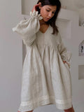 Cotton Blend Temperament V-neck Long Sleeve Loose-fit Home Vacation Mini&Short Dresses