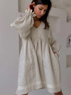 Cotton Blend Temperament V-neck Long Sleeve Loose-fit Home Vacation Mini&Short Dresses