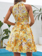 Floral Print Short Dress With Tie-up Ruffles And A Full Skirt
