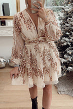 Deep V-Neck Wrap Front Sequin Mesh Puff Sleeve Tiered Ruffle Mini Dress