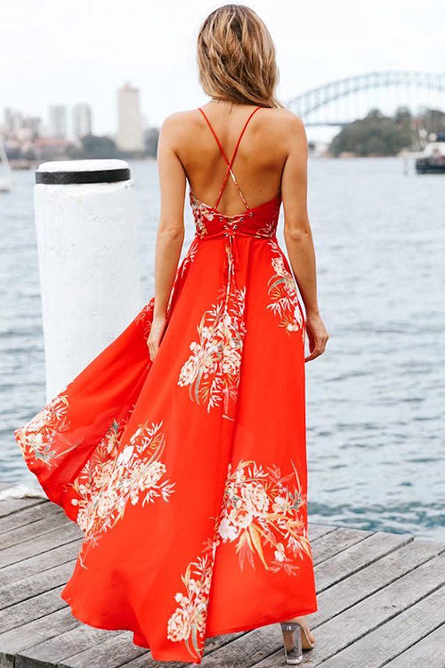 Floral Print Spaghetti Strap V-Neck High Low Ruffle Hem Maxi Dress