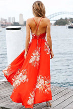 Floral Print Spaghetti Strap V-Neck High Low Ruffle Hem Maxi Dress