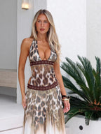 Halter Leopard Print Splicing Backless Beading Maxi Dresses
