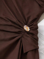 Brown Asymmetrical Off-shoulder Pleated Sleeveless Top And Shorts Two-piece Set