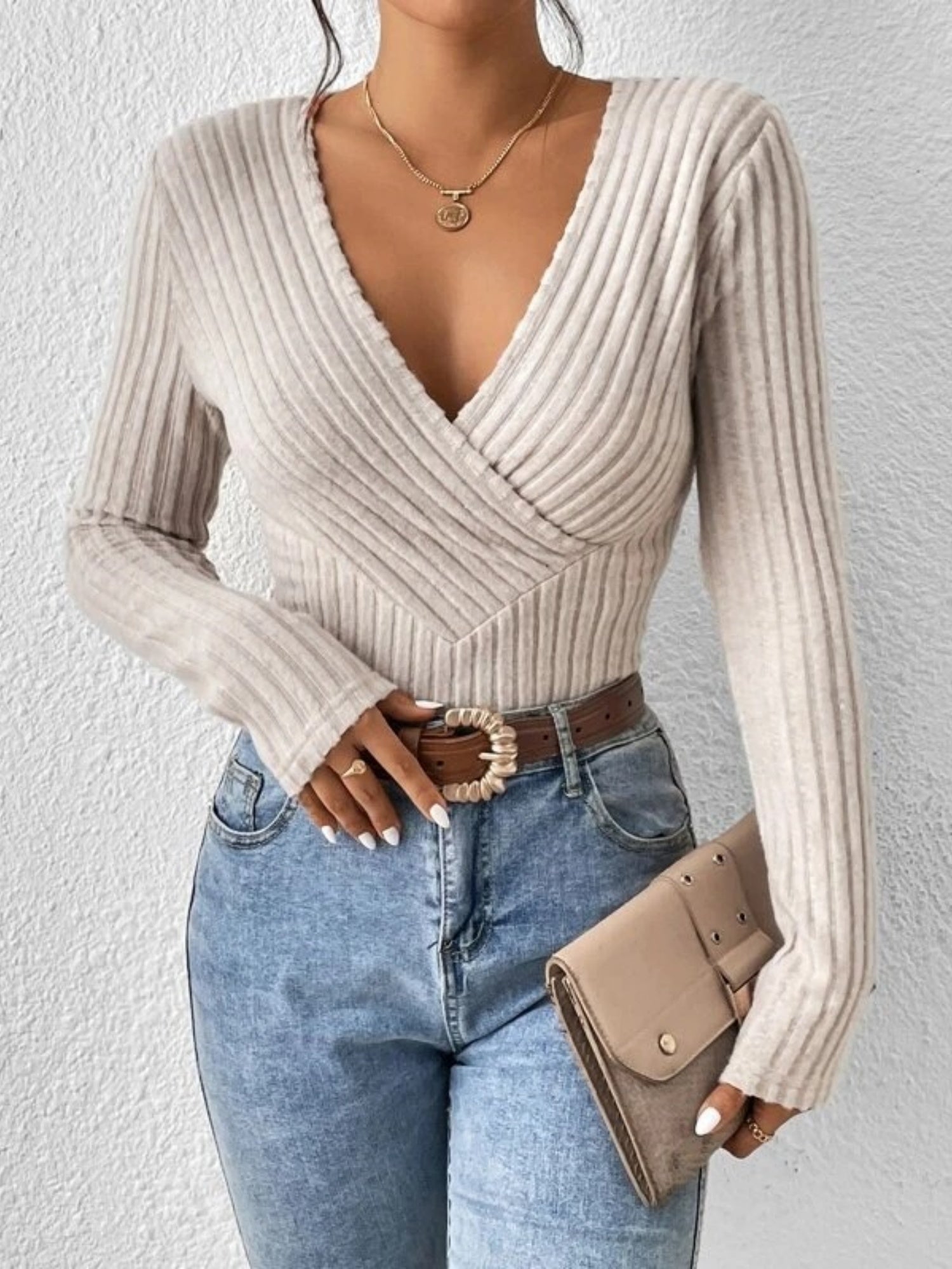 V-neck Crossover Long-sleeved Brushed Ribbed Sweater