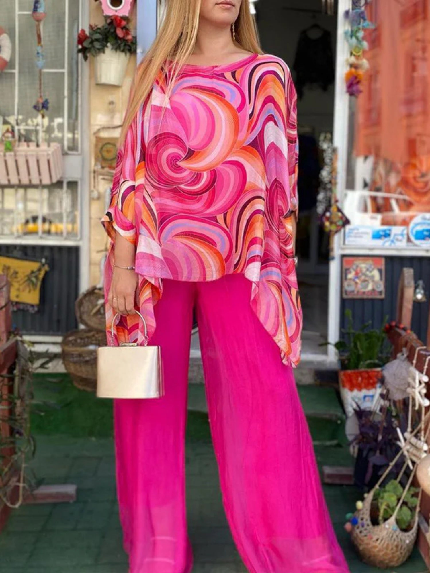 Printed Chiffon Crew Neck Short Sleeve Pants 2-piece Sets