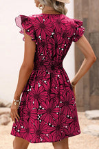 Large Floral Print Wrap V-Neck Flutter Sleeve Smocked Waist Flared Mini Dress