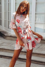 Boat Neck Ruffle Cuff Self Tie Waist Floral Ruffle Hem Mini Dress