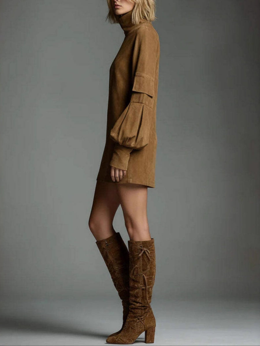 Old Deerskin High-necked Long-sleeved Pocket Mini&Short Dresses