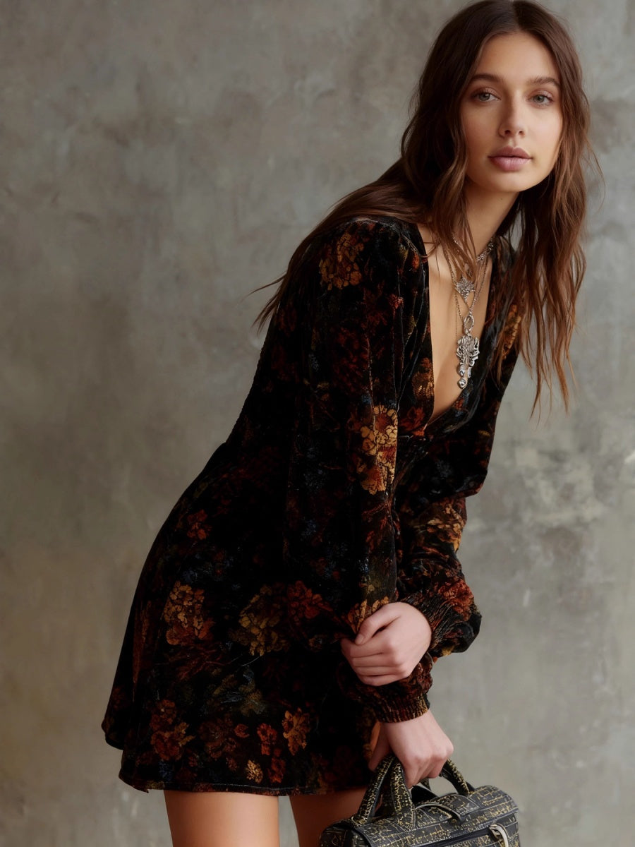 Printed V-neck Velvet Mini&Short Dresses