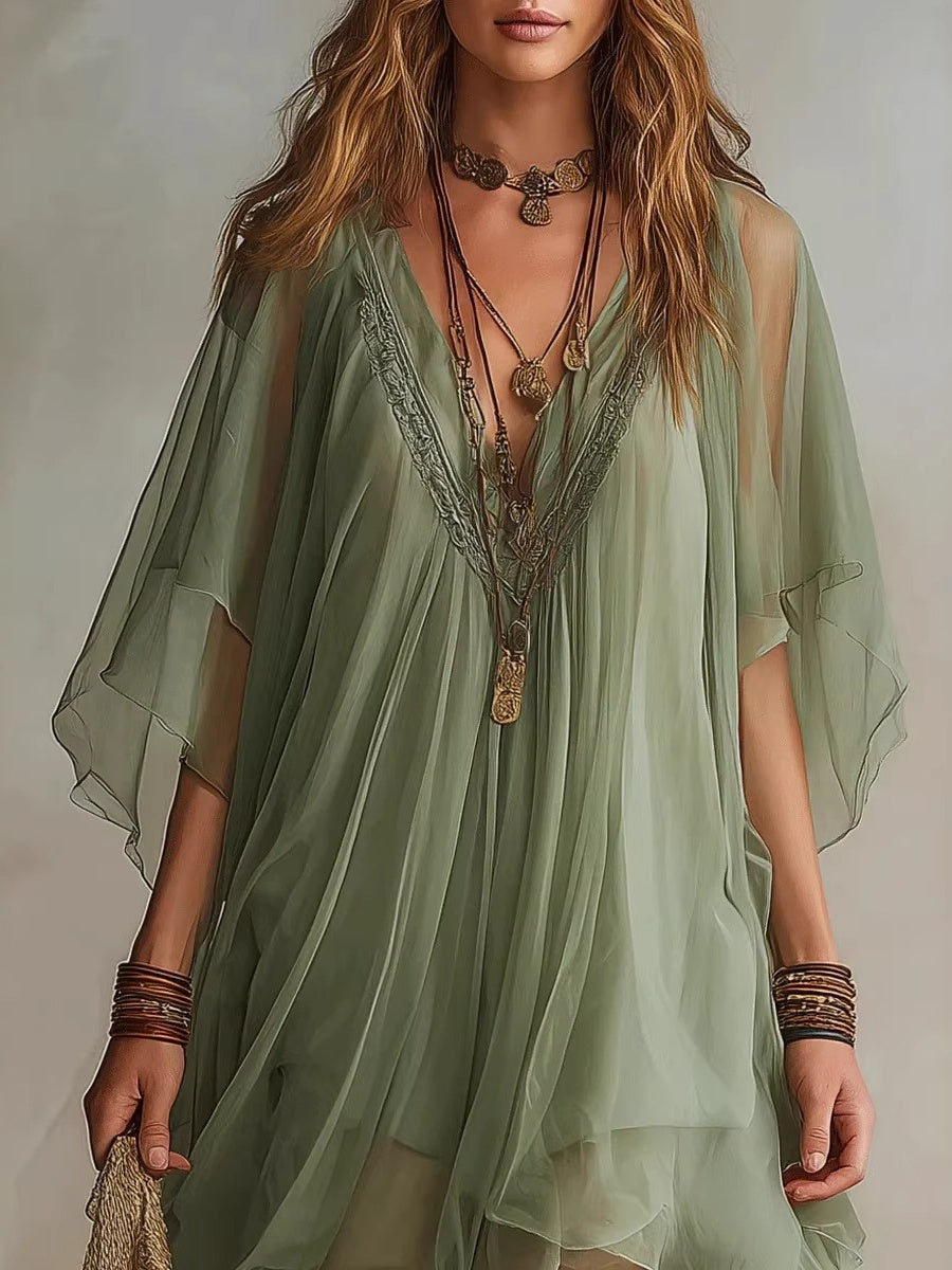 V-neck Chiffon Loose-fit Beach Cover-up Dress Mini&Short Dresses