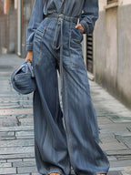 Long-sleeved V-neck Retro Loose Straight-leg Denim Jumpsuit