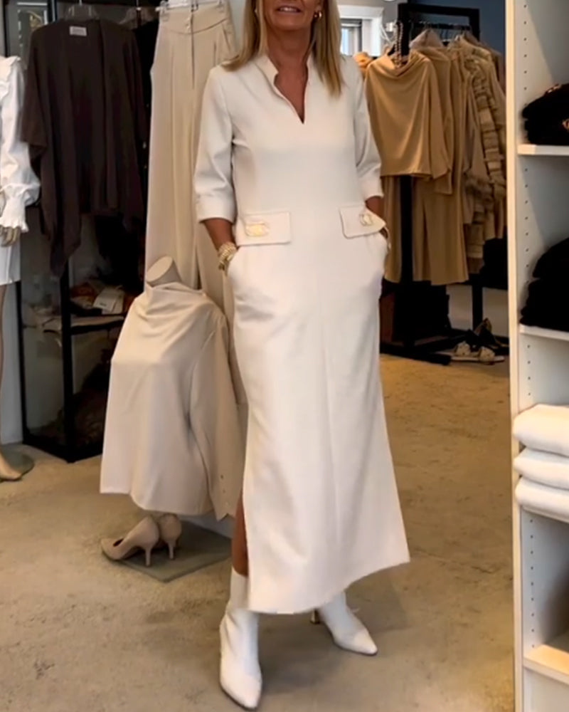 Scarlett Elevated Solid Color Slit Dress with 3/4 Sleeves Everyday Luxe Edit