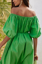 Off Shoulder Puff Sleeves Pocketed Baggy Midi Dress