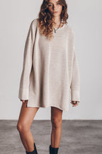 Waffle Knit Crew Neck Long Sleeve Side Slit Sweater Mini Dress
