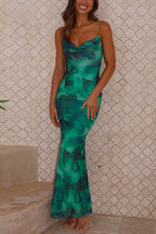 Cowl Neck Backless Printed Cami Maxi bodycon Dress