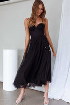 Tulle Corset Sweetheart Spaghetti Strap Tie Waist Midi Dress