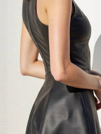 Crew Neck Sleeveless Waist PU Leather Mini&Short Dresses