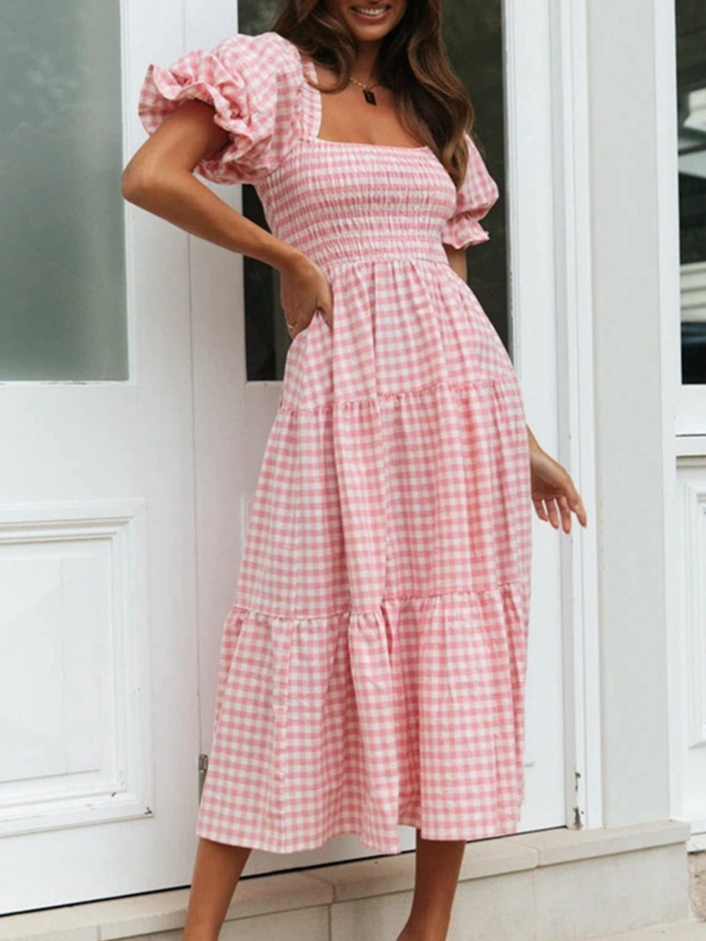 Plaid Puff Sleeve U-neck Mini&Short Dresses