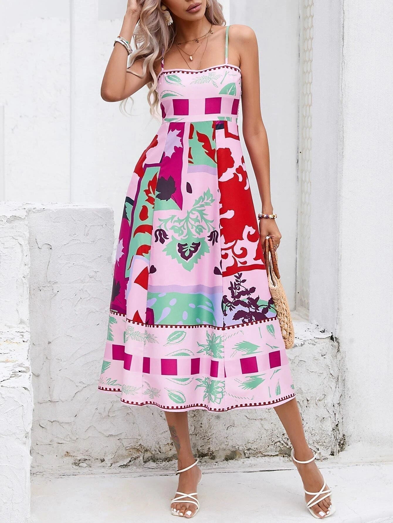 Square Neck Spaghetti Strap Abstract Tropical Print Midi Dress