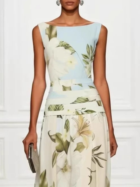 V-neck Retro Floral Print Sleeveless Backless Fitted Waist Long Dress