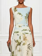 V-neck Retro Floral Print Sleeveless Backless Fitted Waist Long Dress
