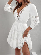 Lace Trim Hollow Out V-neck Long Sleeve Mini&Short Dresses